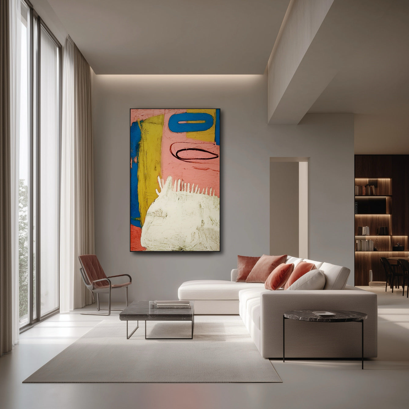 Vertical abstract expressionist painting dominates a minimalist, luxury living room with floor-to-ceiling windows and clean white furniture.