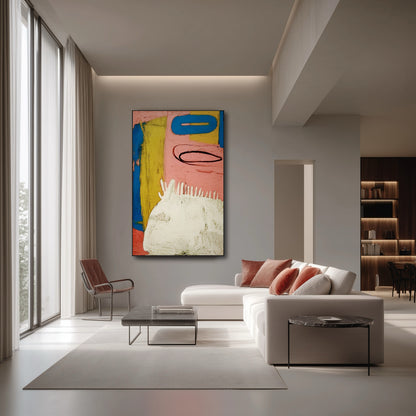 Vertical abstract expressionist painting dominates a minimalist, luxury living room with floor-to-ceiling windows and clean white furniture.