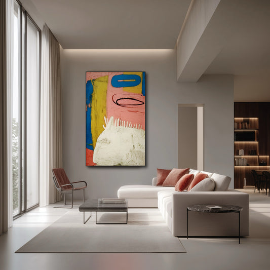 Vertical abstract expressionist painting dominates a minimalist, luxury living room with floor-to-ceiling windows and clean white furniture.