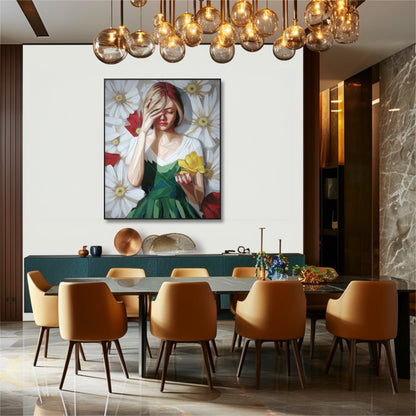 Dramatic artwork of pensive woman with flowers, elevating a luxurious contemporary dining room; marble walls and modern brass chandelier enhance sophistication.
