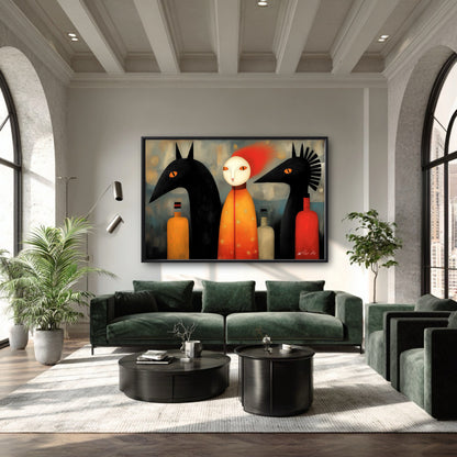 Dark green velvet sectional and black coffee tables echo the deep shadows of the large-scale amber and ebony wall art.