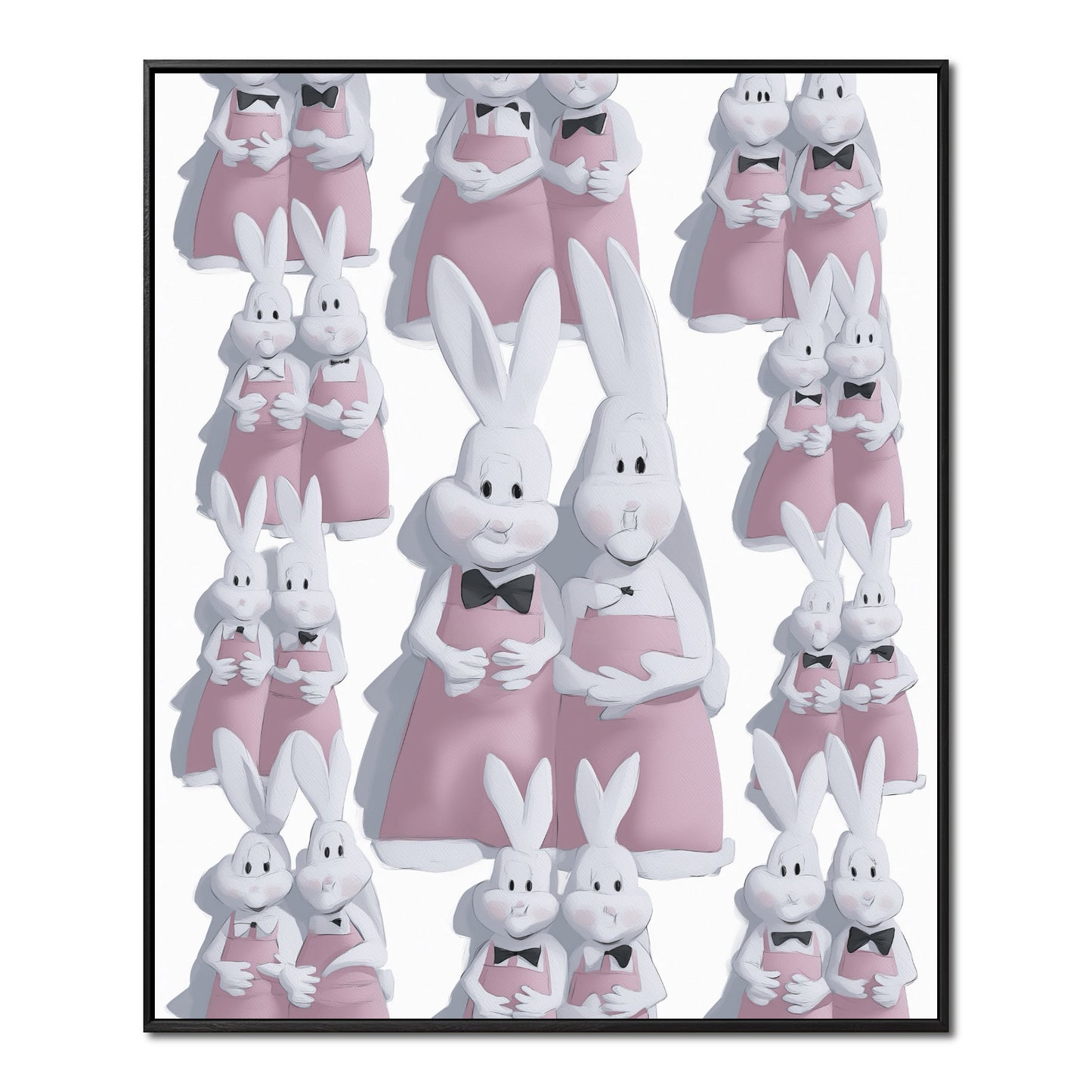 Original, neutral/warm-tone, pop art rabbit family painting; promoting 3D effect, soft pastel color, and loving atmosphere.