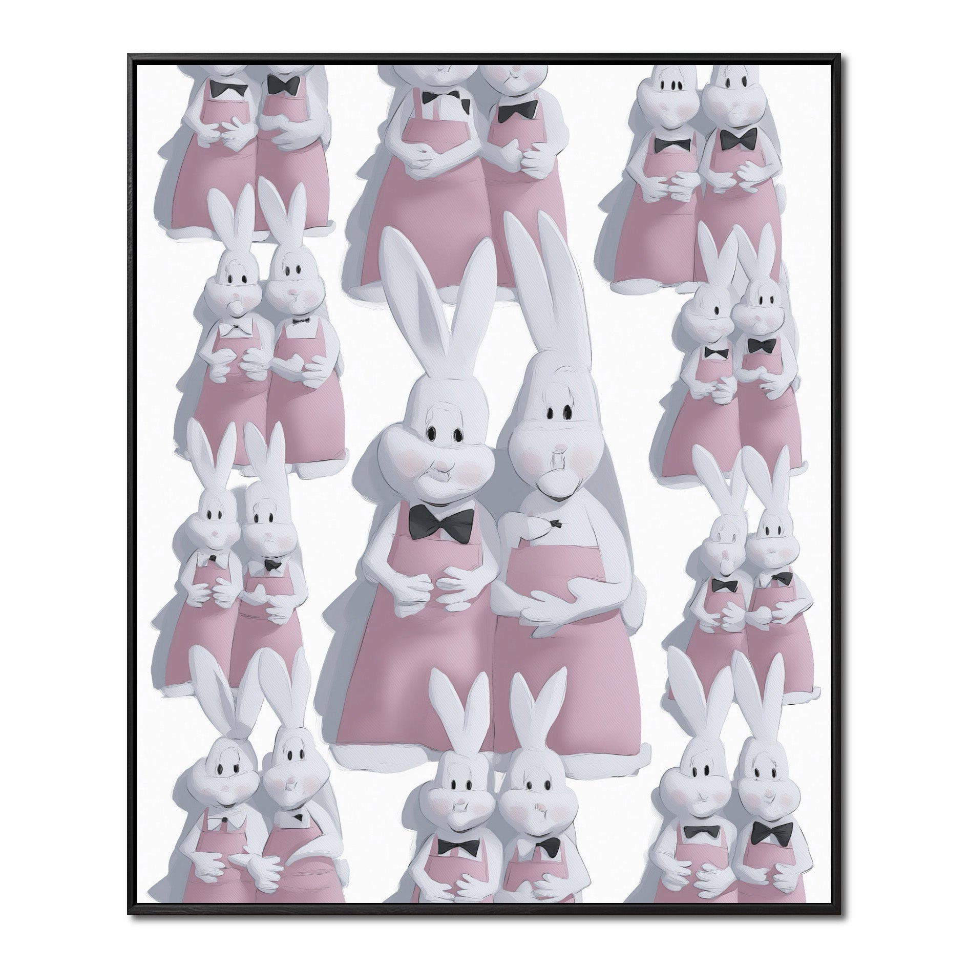 Original, neutral/warm-tone, pop art rabbit family painting; promoting 3D effect, soft pastel color, and loving atmosphere.