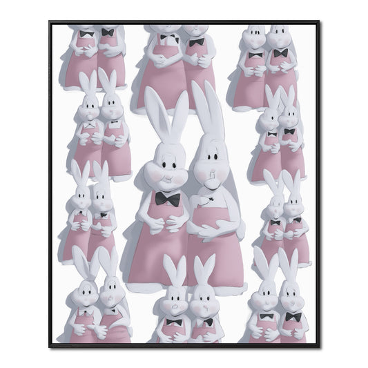 Original, neutral/warm-tone, pop art rabbit family painting; promoting 3D effect, soft pastel color, and loving atmosphere.