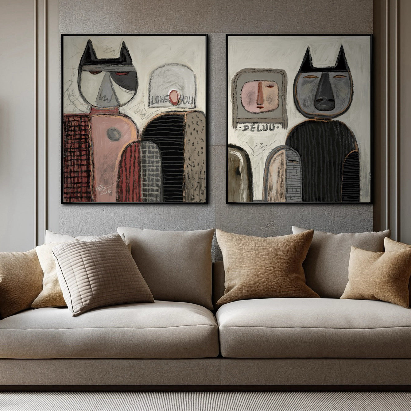Diptych folk art paintings with stylized animals anchor a neutral living room over a light beige sofa, complementing the soft, earthy color palette.