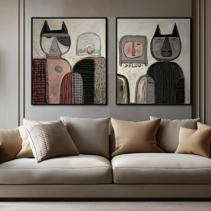 Diptych folk art paintings with stylized animals anchor a neutral living room over a light beige sofa, complementing the soft, earthy color palette.