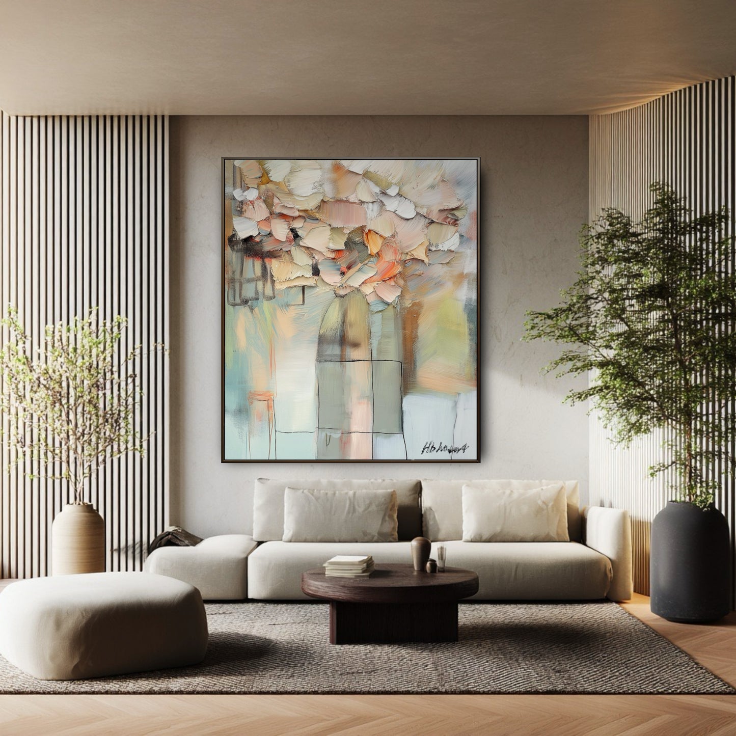 The painting's rich impasto texture adds organic warmth to this clean, minimalist room, standing out against the modern slatted wall.
