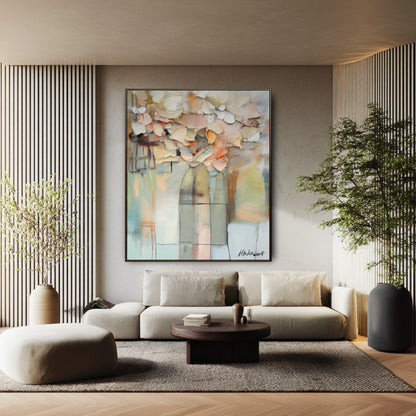 The painting's rich impasto texture adds organic warmth to this clean, minimalist room, standing out against the modern slatted wall.