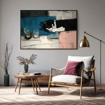 Abstract cat painting hangs in a bright, minimalist lounge above a light gray armchair, with natural wood accents and a brass lamp.
