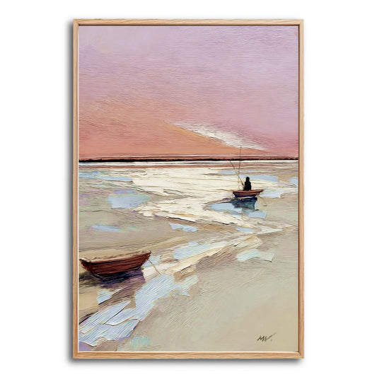 Original abstract coastal painting with boats. Features heavy impasto texture, a warm pink sky, and cool blue water. Modern, serene art.