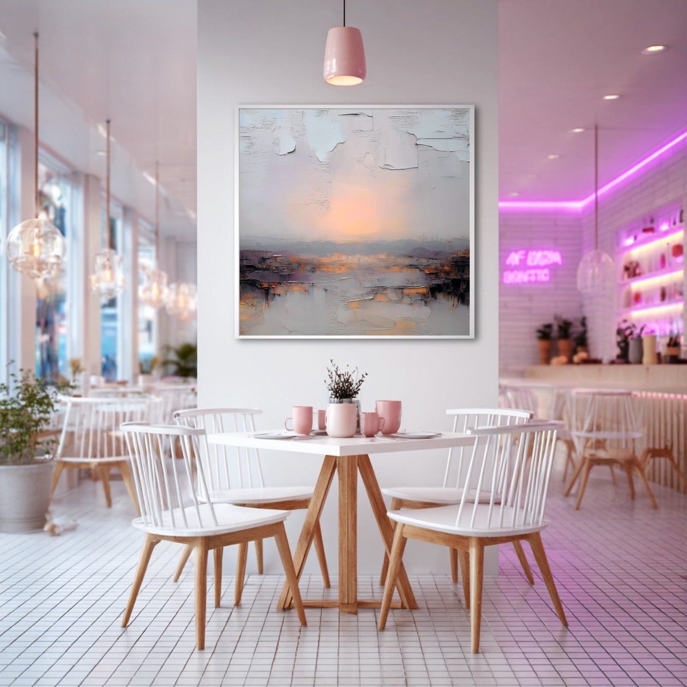 Modern restaurant interior with white chairs, wooden tables, and abstract art on the wall.