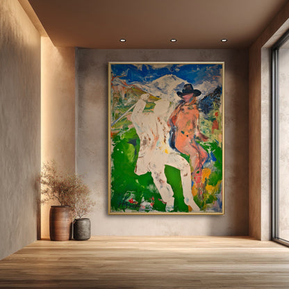 Original abstract golf art in a textured minimalist room. Vibrant green tones create a bold focal point under warm lighting.