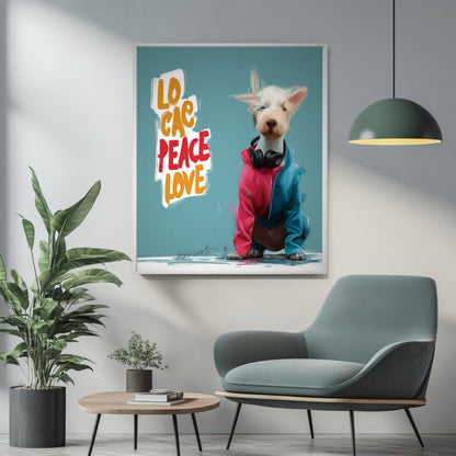 Dog pop art adds a cool pop of color above a light blue armchair and wood table. Modern, serene, and plant-filled living space decor.