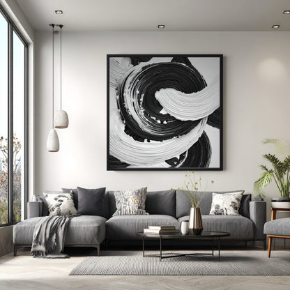 Large square abstract painting with a swirling motion above a grey sectional sofa in a modern, minimalist living room.