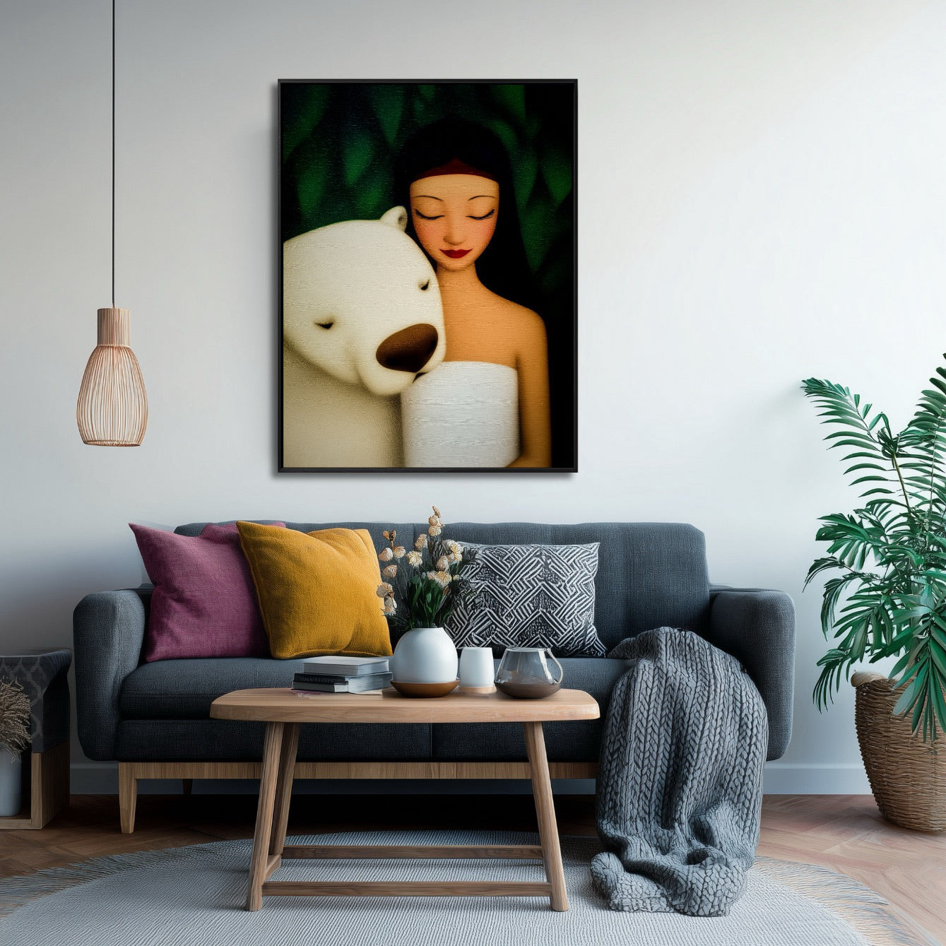 Original oil painting accents a cozy living area. Grey sofa, natural wood table, woven textures, and a neutral color scheme with pops of color.