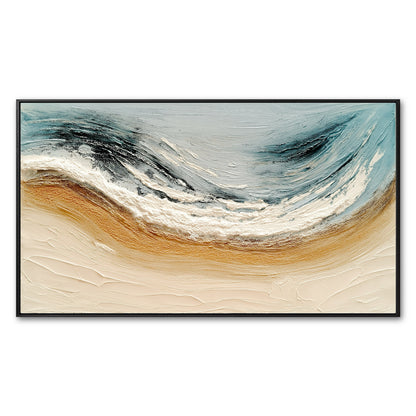 Original abstract seascape painting. Heavy impasto texture blends warm sand/gold tones with cool blue, white, and black ocean waves.