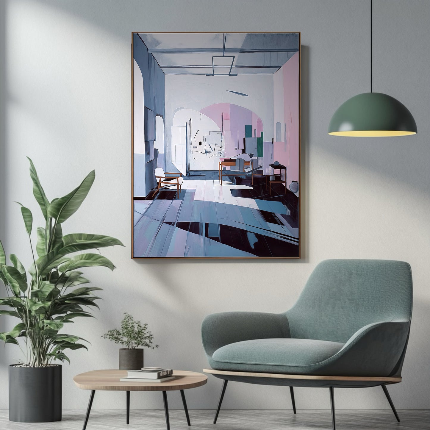 Abstract architectural art adds a cool, modern mood to a cozy corner featuring a soft mint green accent chair and plants.