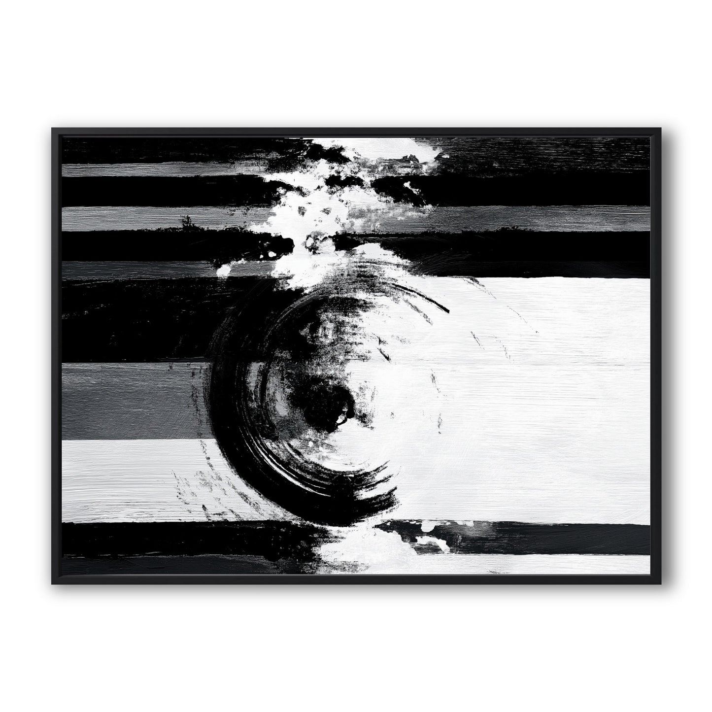 Original black and white abstract painting. A dynamic, high-contrast piece with a circular gestural stroke over linear bands.
