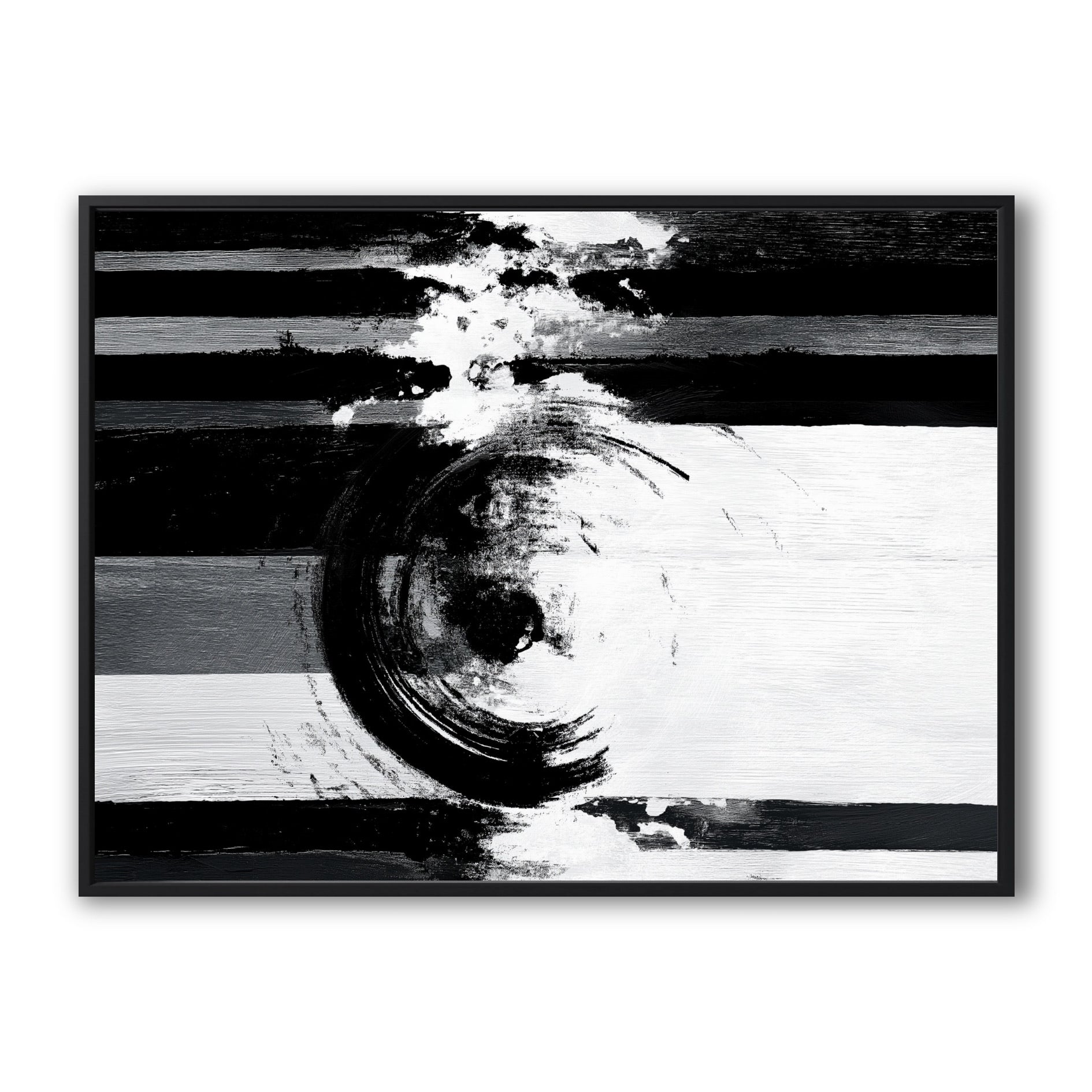 Original black and white abstract painting. A dynamic, high-contrast piece with a circular gestural stroke over linear bands.