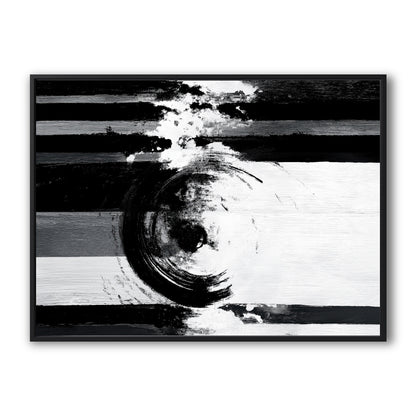 Original black and white abstract painting. A dynamic, high-contrast piece with a circular gestural stroke over linear bands.