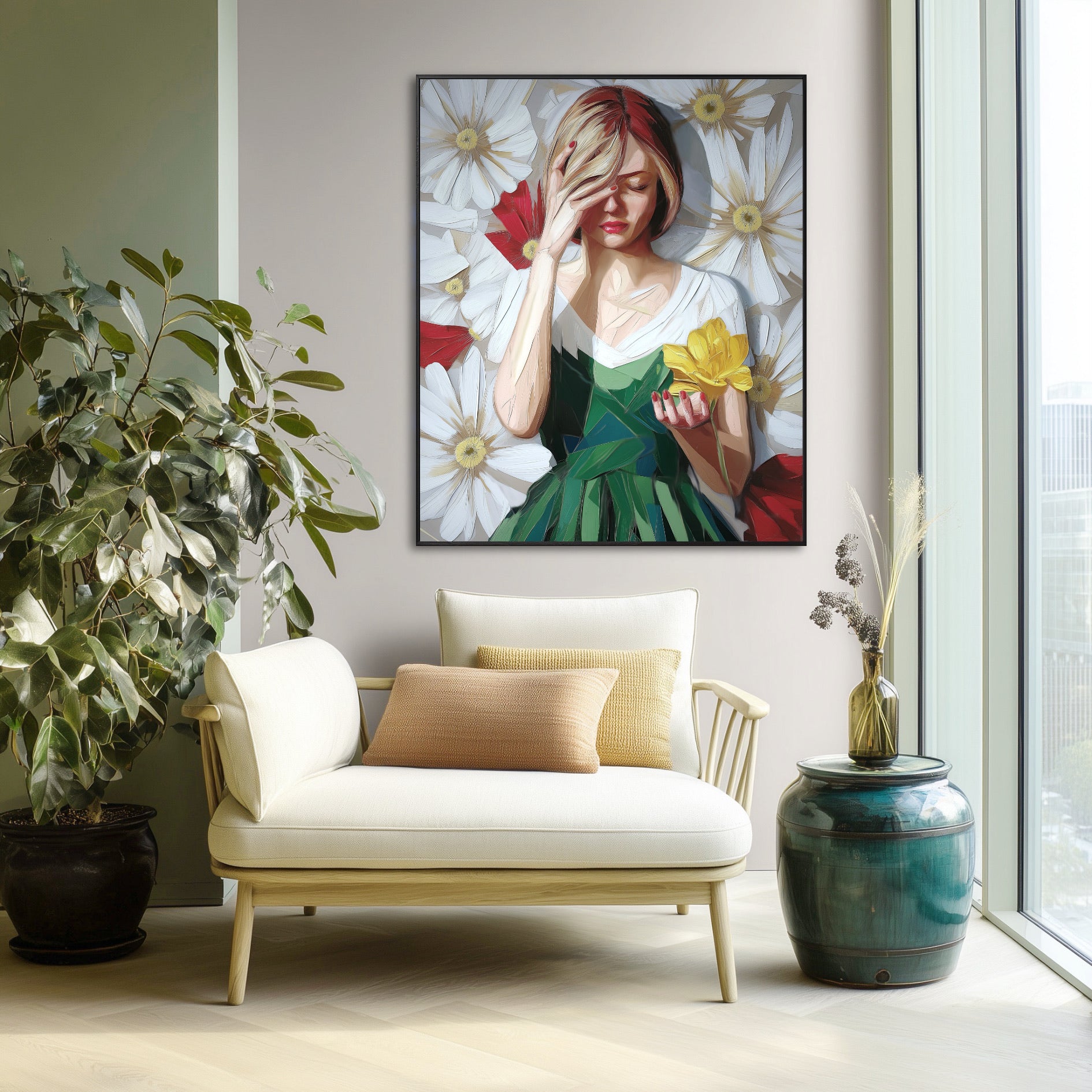 Contemplative figurative art, warm lighting, anchors a cozy, minimalist reading nook; neutral armchair and tall indoor plants create a serene, light-filled corner.