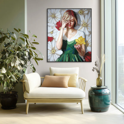 Contemplative figurative art, warm lighting, anchors a cozy, minimalist reading nook; neutral armchair and tall indoor plants create a serene, light-filled corner.