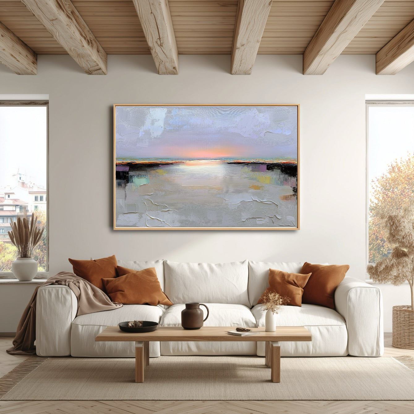 A room pic shows an abstract deco painting, creating elegant, calm, cozy, romantic, natural, and sophisticated vibes.