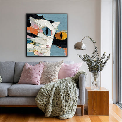 Abstract feline painting contrasting with a soft, gray sofa, bringing bold, artistic expression to a cozy space with pink and sage accents.