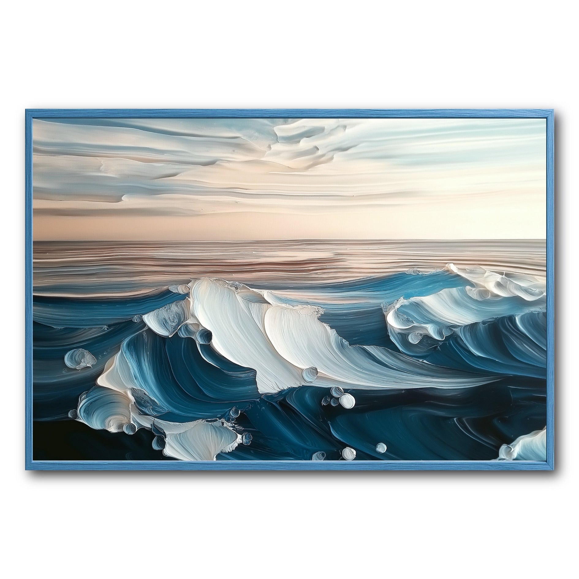 Original abstract impasto painting of ocean waves. Thick textured blue and white paint creates a dynamic sea under a calm peach sky.