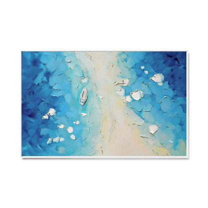 Original thick texture hand-painted abstract coastal oil painting. Bright blue, white, and cream impasto seascape art with boat detail.