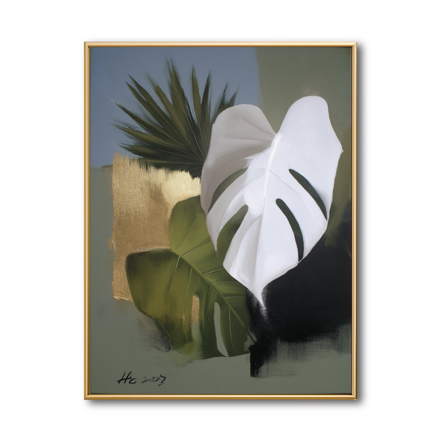 Original abstract tropical painting. Textured white Monstera and green palm leaves with gold foil. Modern botanical wall art.