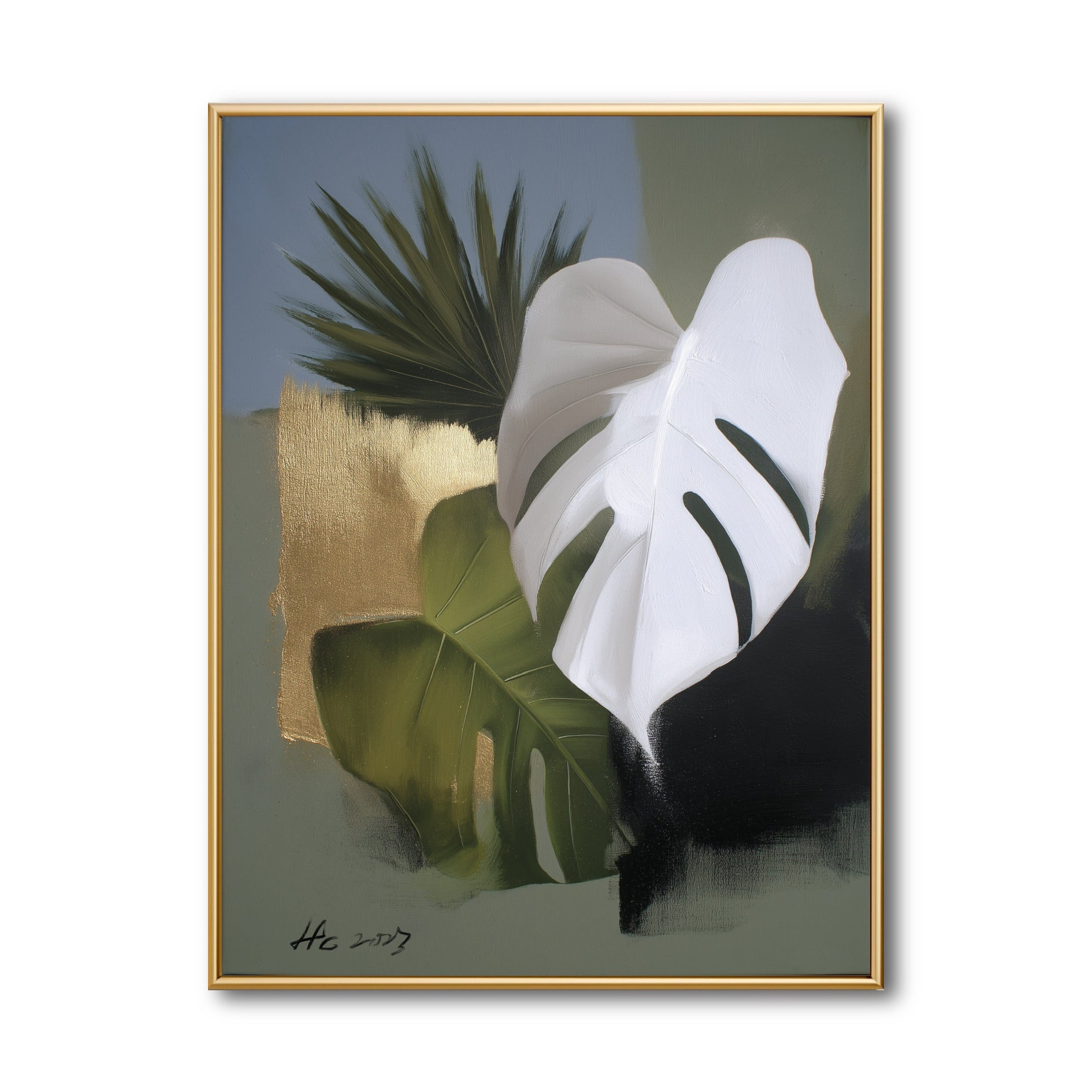 Original abstract tropical painting. Textured white Monstera and green palm leaves with gold foil. Modern botanical wall art.
