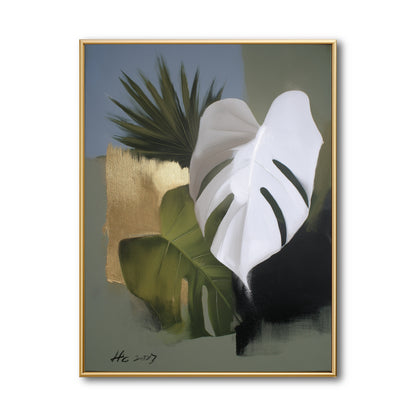 Original abstract tropical painting. Textured white Monstera and green palm leaves with gold foil. Modern botanical wall art.