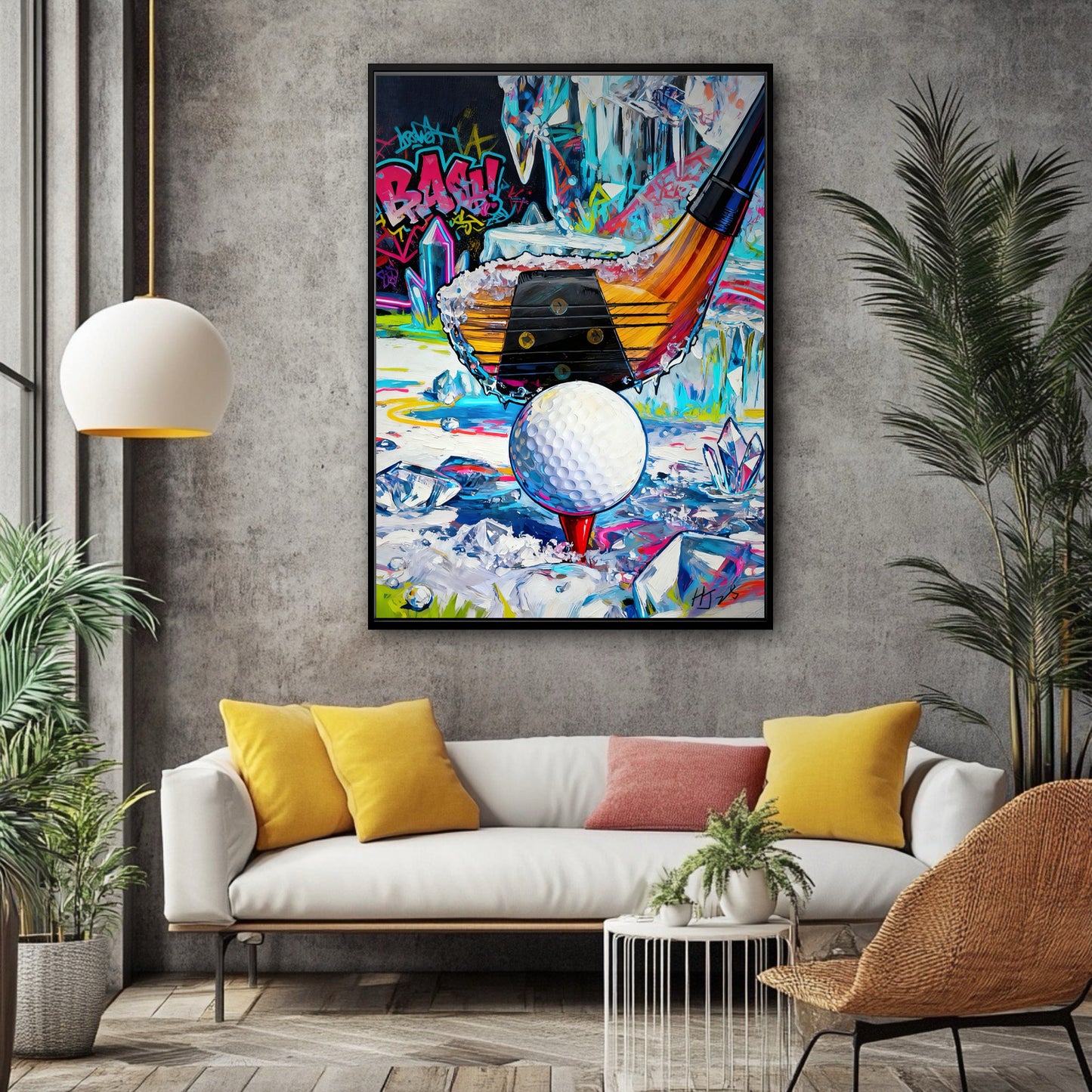 Large pop art golf canvas in eclectic lounge. Bright yellow pillows match the neon painting hues for a playful, energetic style.