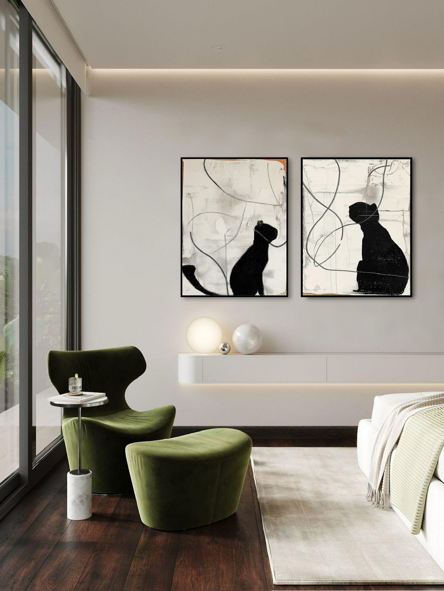 Black and white cat silhouettes art balances the vibrant olive green accent chair in a modern, sunny reading nook by a large window.