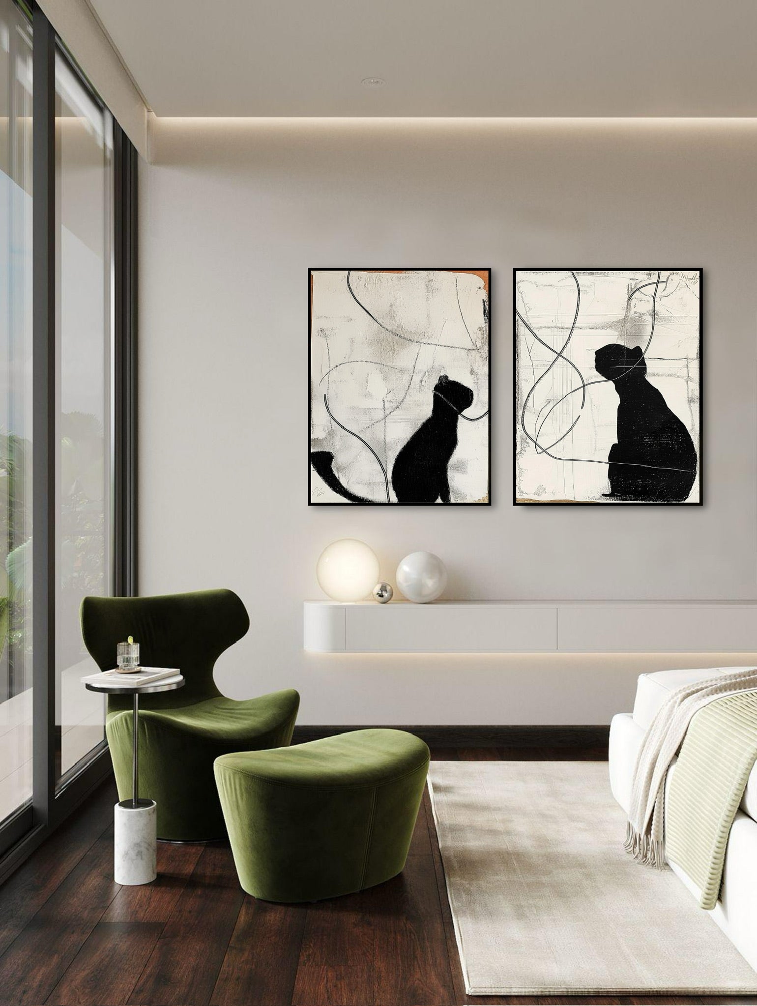 Black and white cat silhouettes art balances the vibrant olive green accent chair in a modern, sunny reading nook by a large window.
