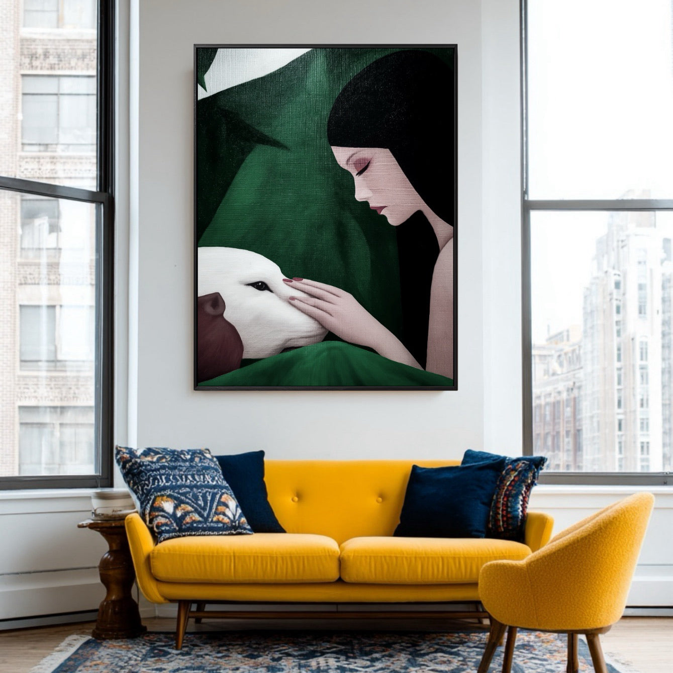 Original oil painting in a vibrant, high-contrast living room. Mustard yellow sofa, large city windows, and a modern mid-century aesthetic.