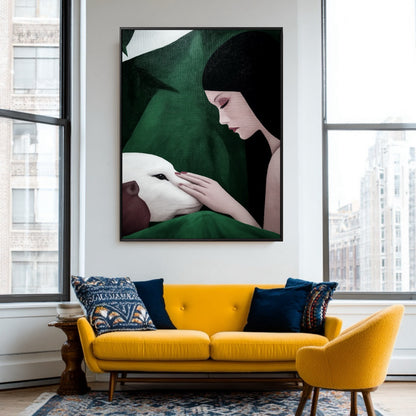 Original oil painting in a vibrant, high-contrast living room. Mustard yellow sofa, large city windows, and a modern mid-century aesthetic.