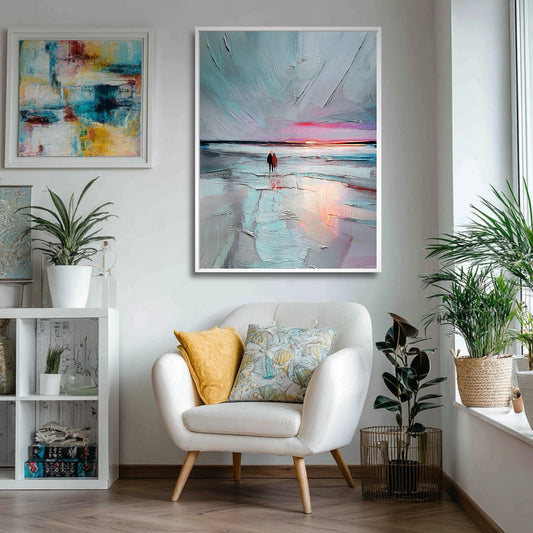 Modern living room with abstract art, a white armchair, and decorative plants.