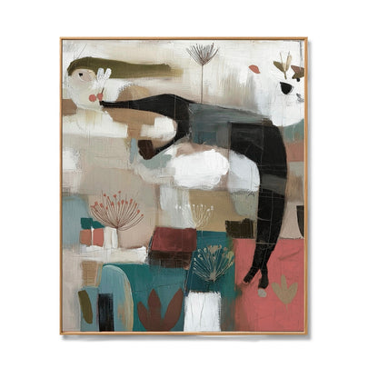 Original abstract figural painting. Balanced cool and warm earth tones with teal and pink; features a dark, stylized figure and botanic forms.