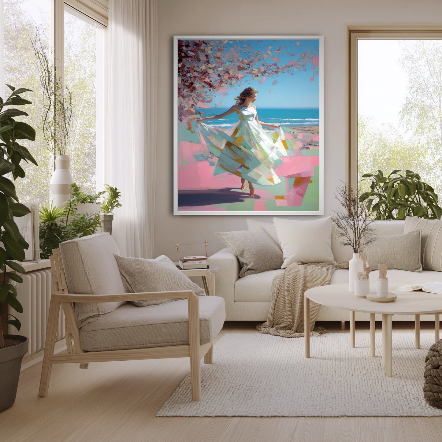 Framed painting of a woman by the sea in a bright, minimalist living room with light wood furniture and indoor plants.