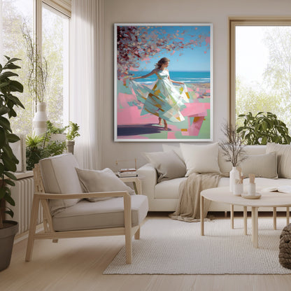 Framed painting of a woman by the sea in a bright, minimalist living room with light wood furniture and indoor plants.