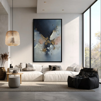 Vertical abstract art with gold accents centers a light-filled living room over a large white sofa, featuring a rattan pendant and tall window.