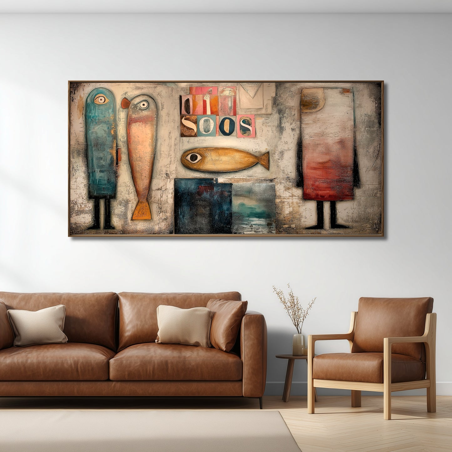 Textured folk art painting hangs above a warm leather sofa and wood armchair, bringing a rustic, soulful character to a bright, modern room.