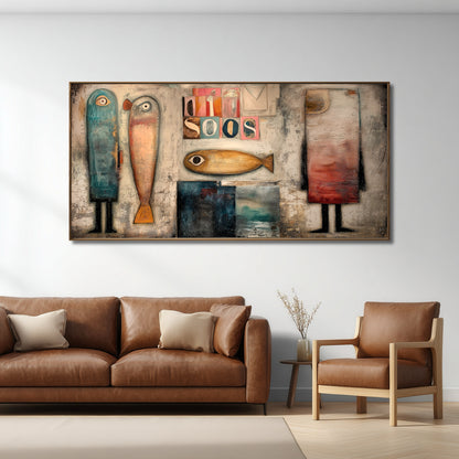 Textured folk art painting hangs above a warm leather sofa and wood armchair, bringing a rustic, soulful character to a bright, modern room.