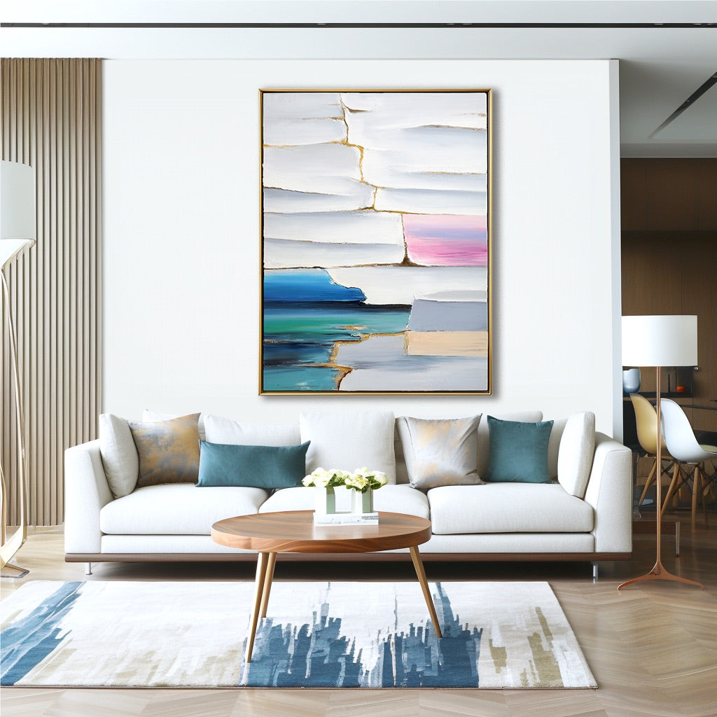 A room pic shows a minimalist deco painting, creating elegant, sophisticated, calm, romantic, playful, and futuristic vibes.
