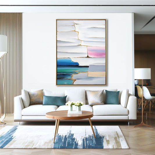 A room pic shows a minimalist deco painting, creating elegant, sophisticated, calm, romantic, playful, and futuristic vibes.