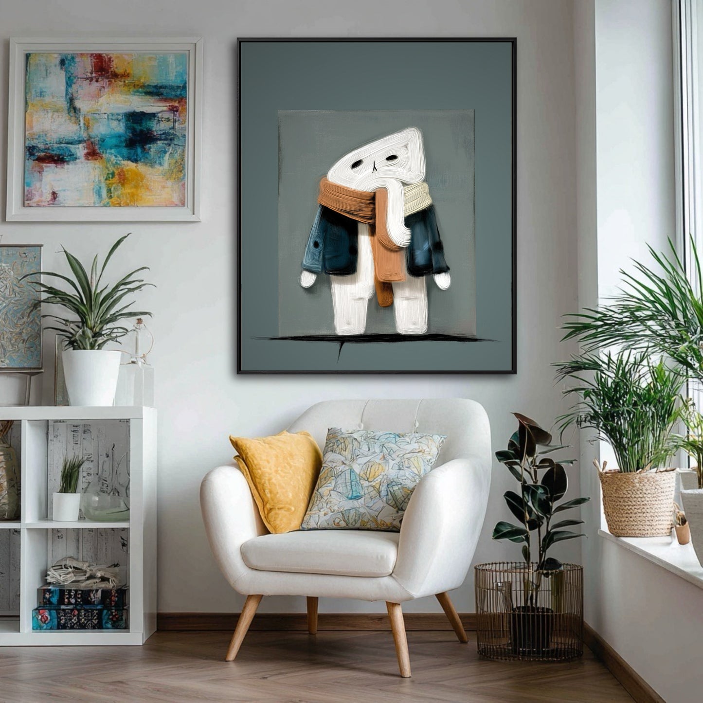 Original abstract cat painting in a warm living room, tying in yellow and blue decor elements.