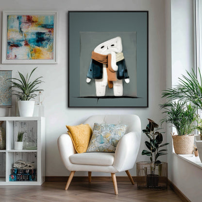 Original abstract cat painting in a warm living room, tying in yellow and blue decor elements.