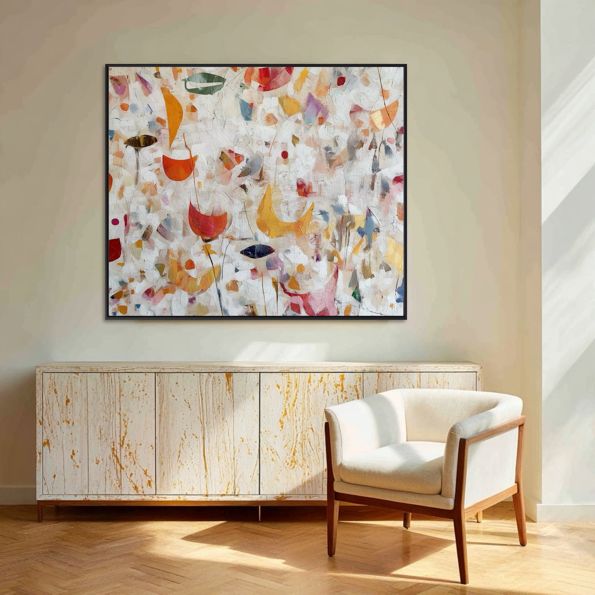 Abstract floral painting brightens an airy room with cream-colored walls, featuring a rustic whitewashed sideboard and neutral chair.